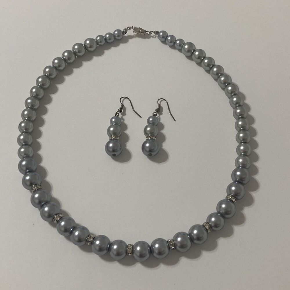 Gray Silver Round Beaded Rhinestone Necklace Drop Earring Lot Barrel Screw Clasp